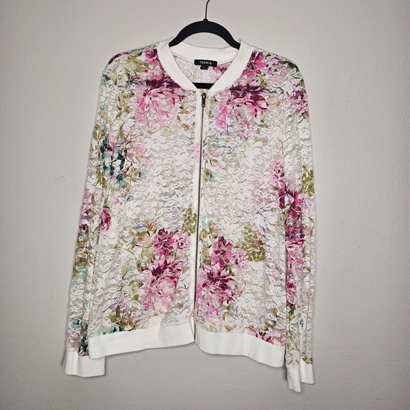 Torrid Jacket Women's 2X White Pink Floral Lace Bomber Full Zip Semi Sheer - Picture 1 of 7